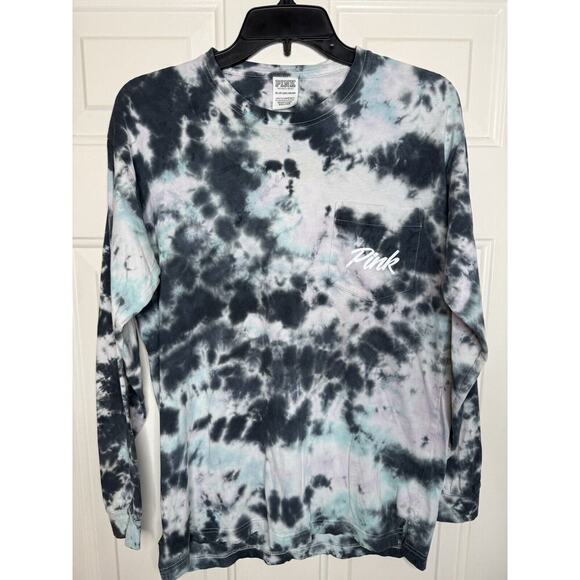 Pink Victoria's Secret Tie Dye Shirt Women's XS Long Sleeve Tee Black Blue Crew - Picture 1 of 8